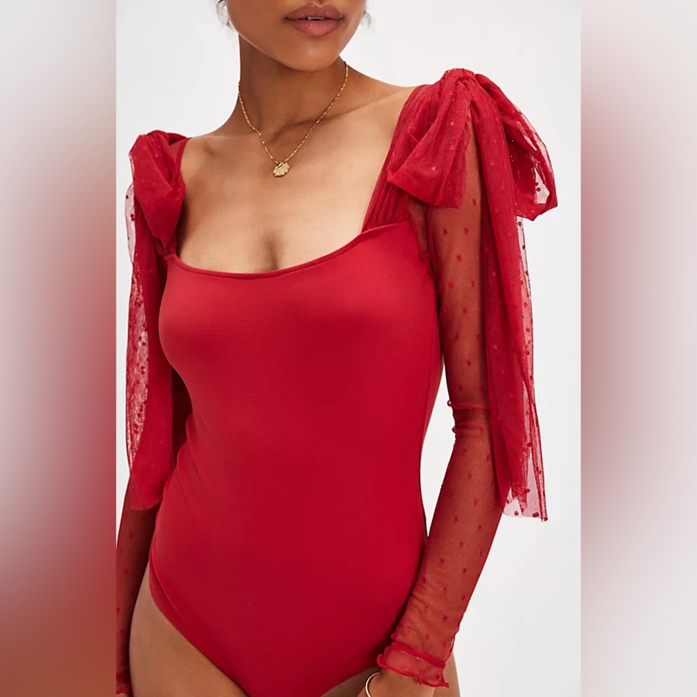 Free People Tongue Tied Red Bodysuit with Mesh Sleeves